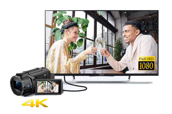 Videocámara FDR-AX53A 4K conectada a un TV