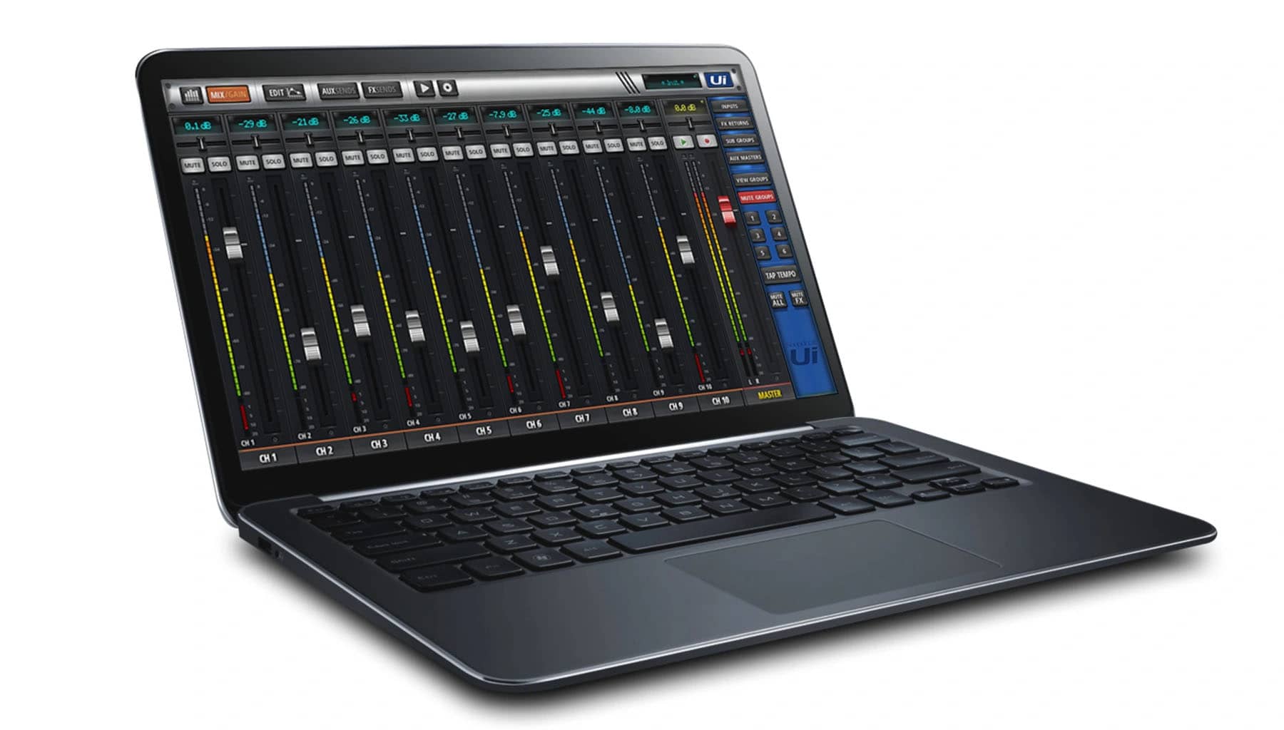 Interfaz de usuario en una laptop del Mezclador Digital Inalámbrico Soundcraft Ui12 Interfaz de usuario en una laptop del Mezclador Digital Inalámbrico Soundcraft Ui12
