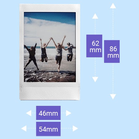 Foto impresa instax mini borde blanco y medidas de la impresión