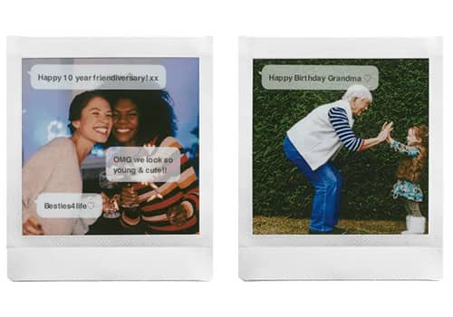 Dos fotos impresas con la Instax Square Link y con efecto de mensaje