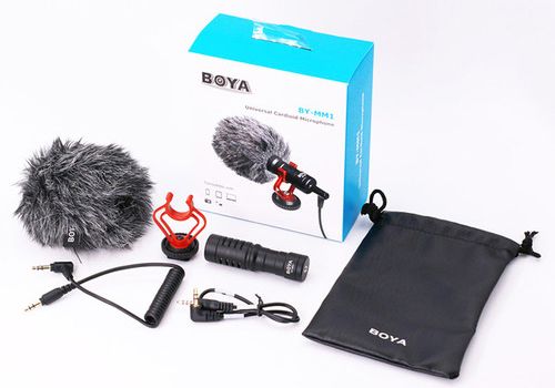 Caja, bolsa de transporte, peluche antiviento, soporte amortigado, cable en espiral de 3.5mm, cable TRRS de 3.5 mm del micrófono condensador cardioide BOYA BY-MM1