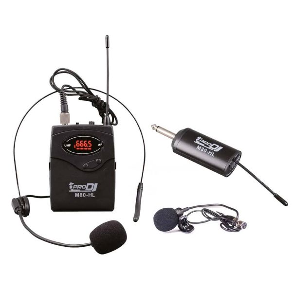 Bodypack M80-HL con micrófono de diadema, micrófono de solapa y tranmisor inalámbrico