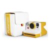 Bolso Polaroid blanco y amarillo con cámara Polaroid Now amarilla