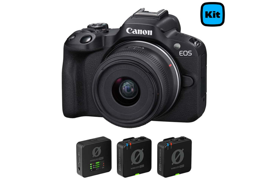 Canon EOS R50 con objetivo 18-45 mm y Wireless Pro Sistema de micrófono vista de perfil