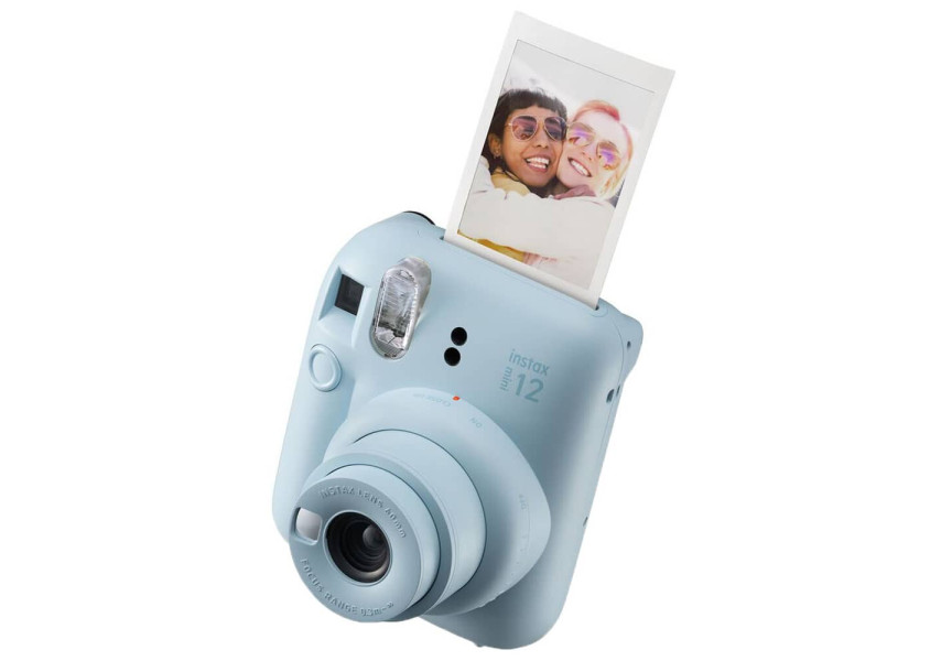 Instax Mini 12 azul pastel Cámara de Película Instantánea vista frontal con foto impresa