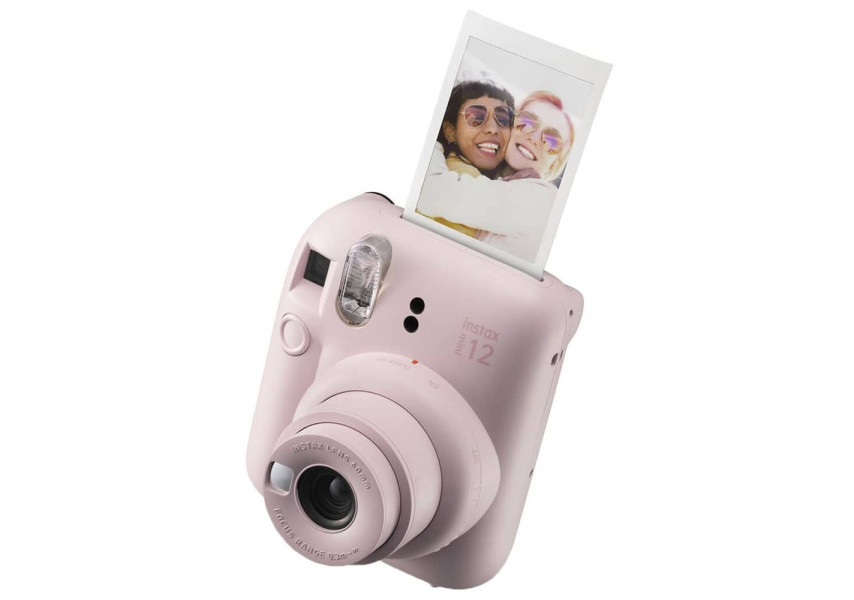 Instax Mini 12 rosada Cámara de Película Instantánea vista frontal con foto impresa