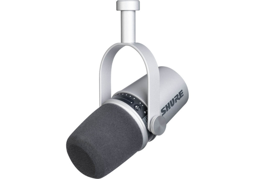 Shure MV7-S Micrófono para Podcast plateado vista de perfil