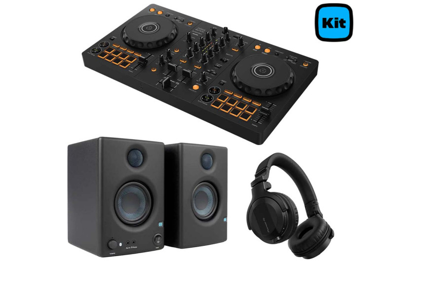 Pioneer FLX4 con monitores Presonus Eris 4.5 y Audífonos Cue1 vista de perfil