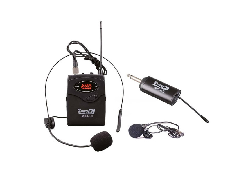 Bodypack M80-HL con micrófono de diadema, micrófono de solapa y tranmisor inalámbrico