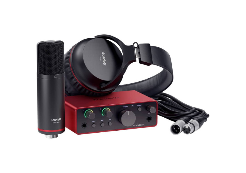 Interfaz de audio Scarlett Solo, microfono CM25 MKIII, audífonos SH-450 y cable XLR vista de perfil
