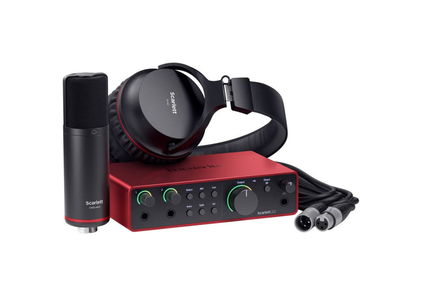 Interfaz Scarlett 2i2 $ta Gen, Micrófono CM25 MKIII, Audífonos SH-450 y cable XLR vista de perfil