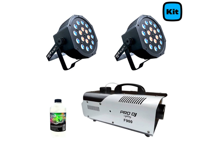 Kit Básico de Iluminación, dos luces LED PL181, máquina de humo F900 y un litro de químico para humo