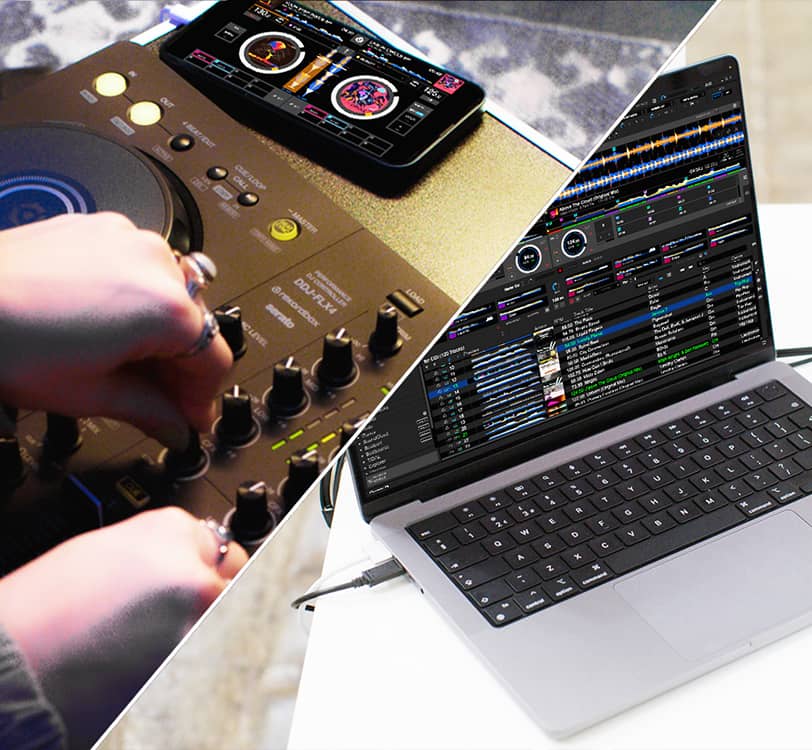 Controlador DDJ-FLX4 conectado a laptop y teléfono móvil