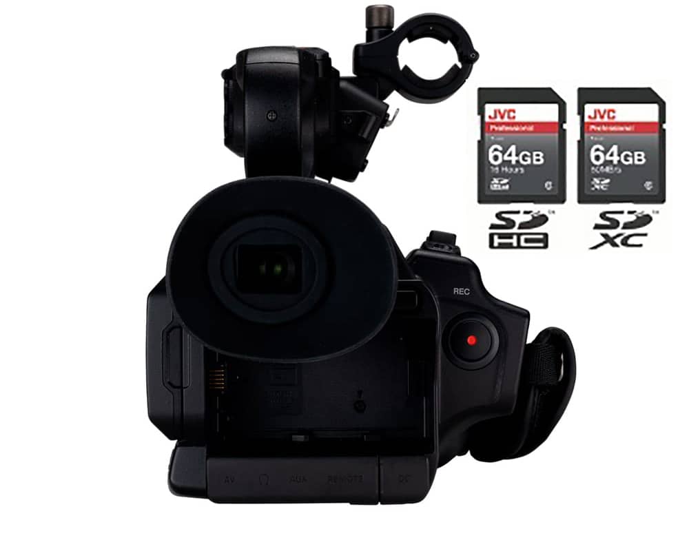Videocámara GY-HM250 con el visor y dos memorias SD