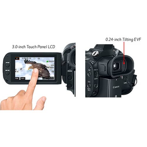Detalle de la pantalla táctil y visor de la Canon XA15