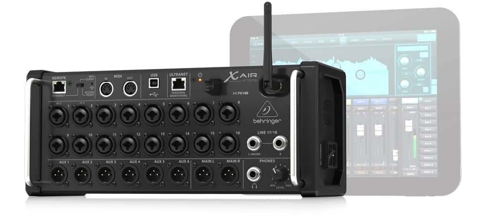 behringer XR18 Mezclador digital vista de perfil derecho y software