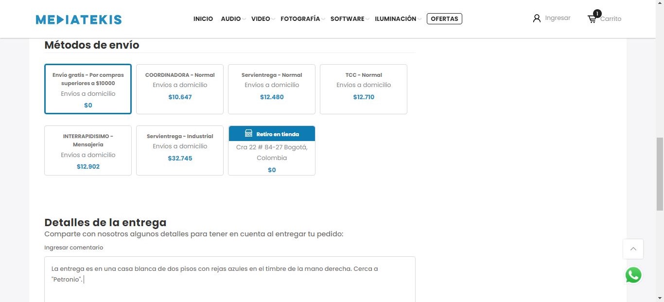 Detalles de la entrega para envío