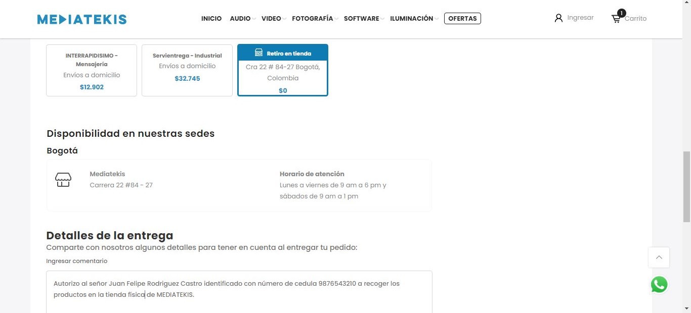 Detalles de la entrega para retiro MEDIATEKIS